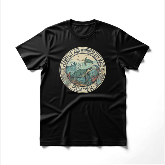 Black t-shirt with a circular graphic of sea turtles and waves.
