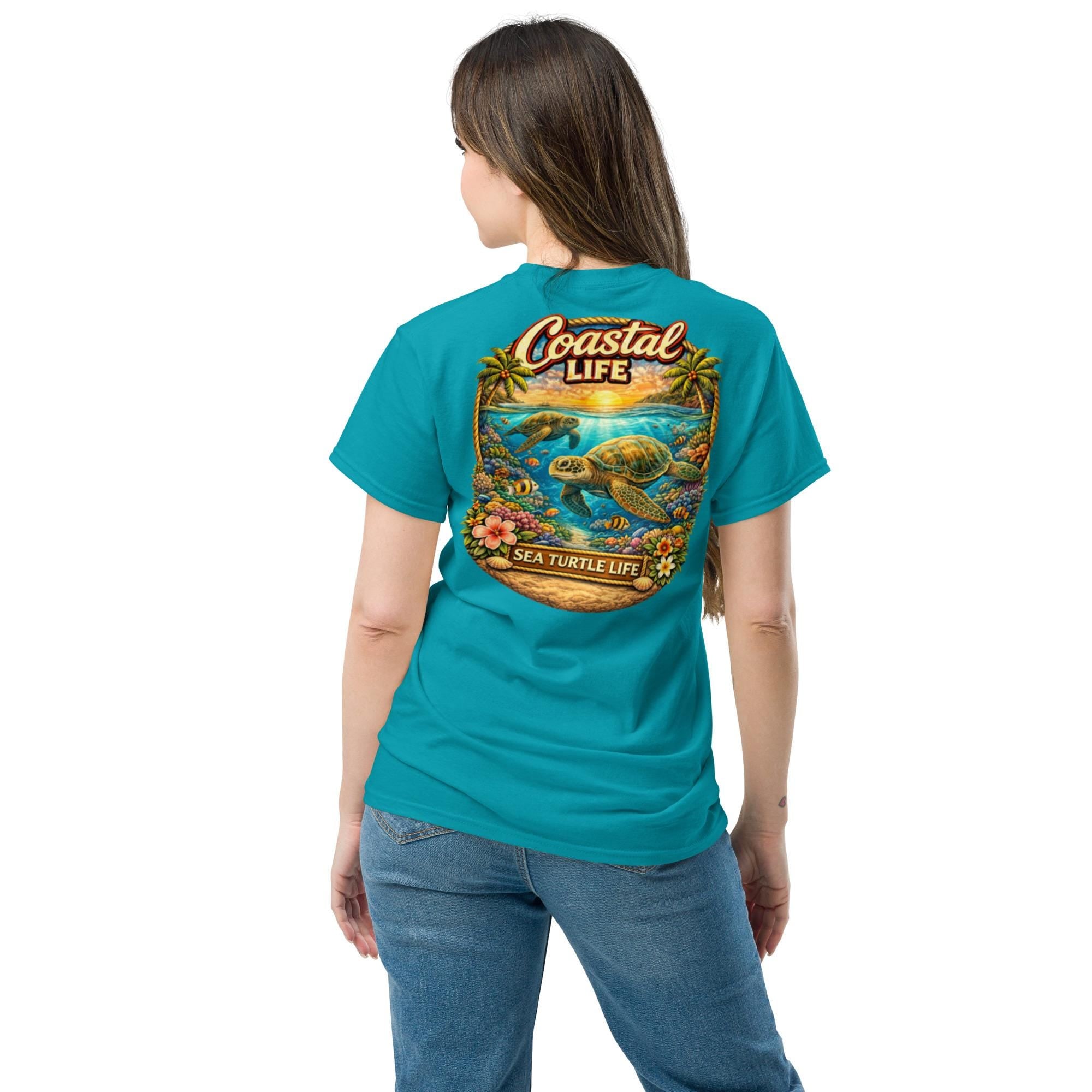 Sea Turtle Life Coastal Tee, Florida Palm Tree Unisex Cotton Shirt