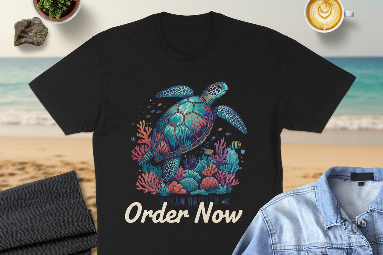 Sea Turtle T-shirt, Ocean Drifter Coastal Tee, Vibrant Marine Life Shirt