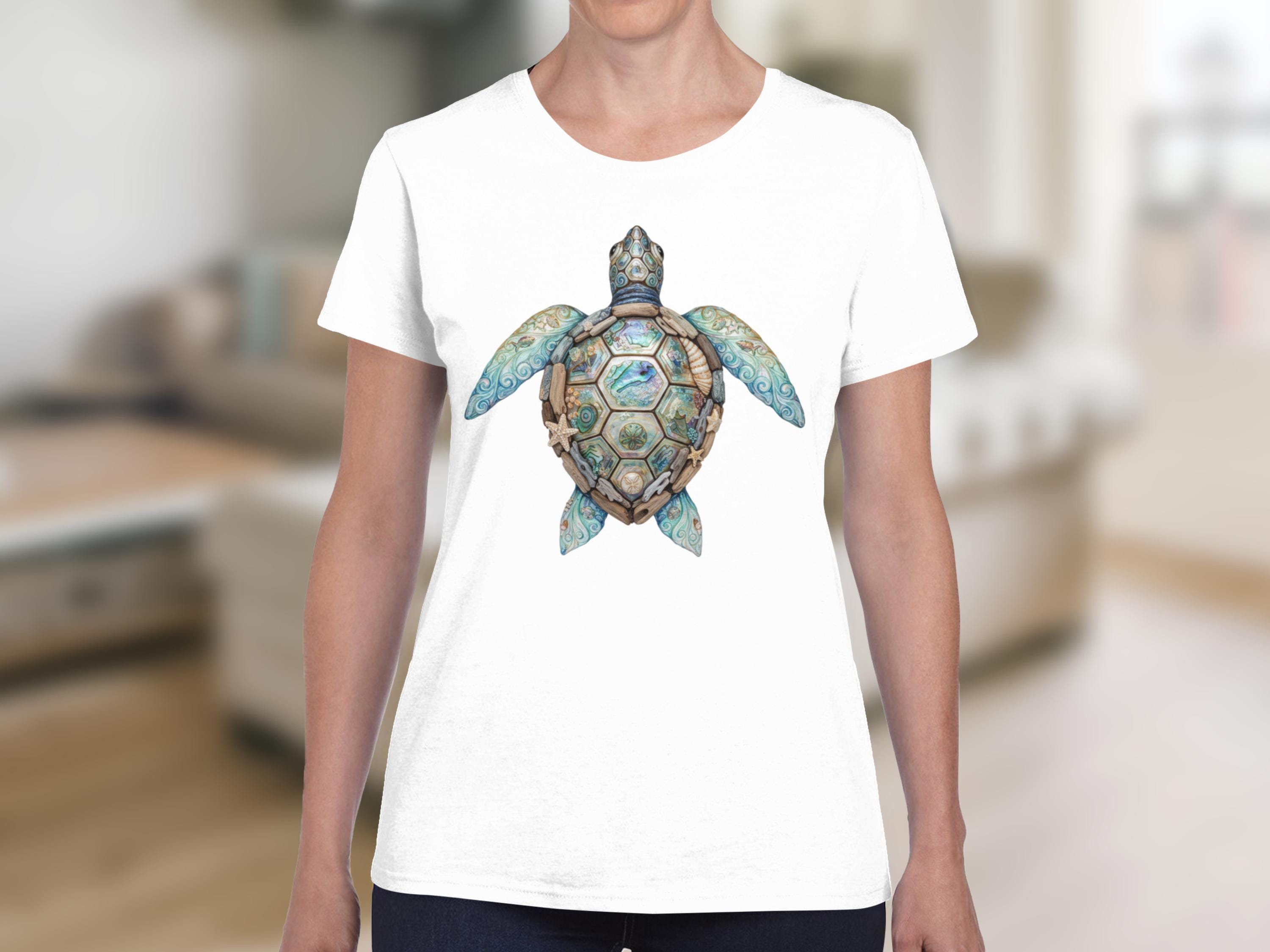 Sea Turtle T-Shirt | Boho Abalone Shell Driftwood Design Marine Life Tee