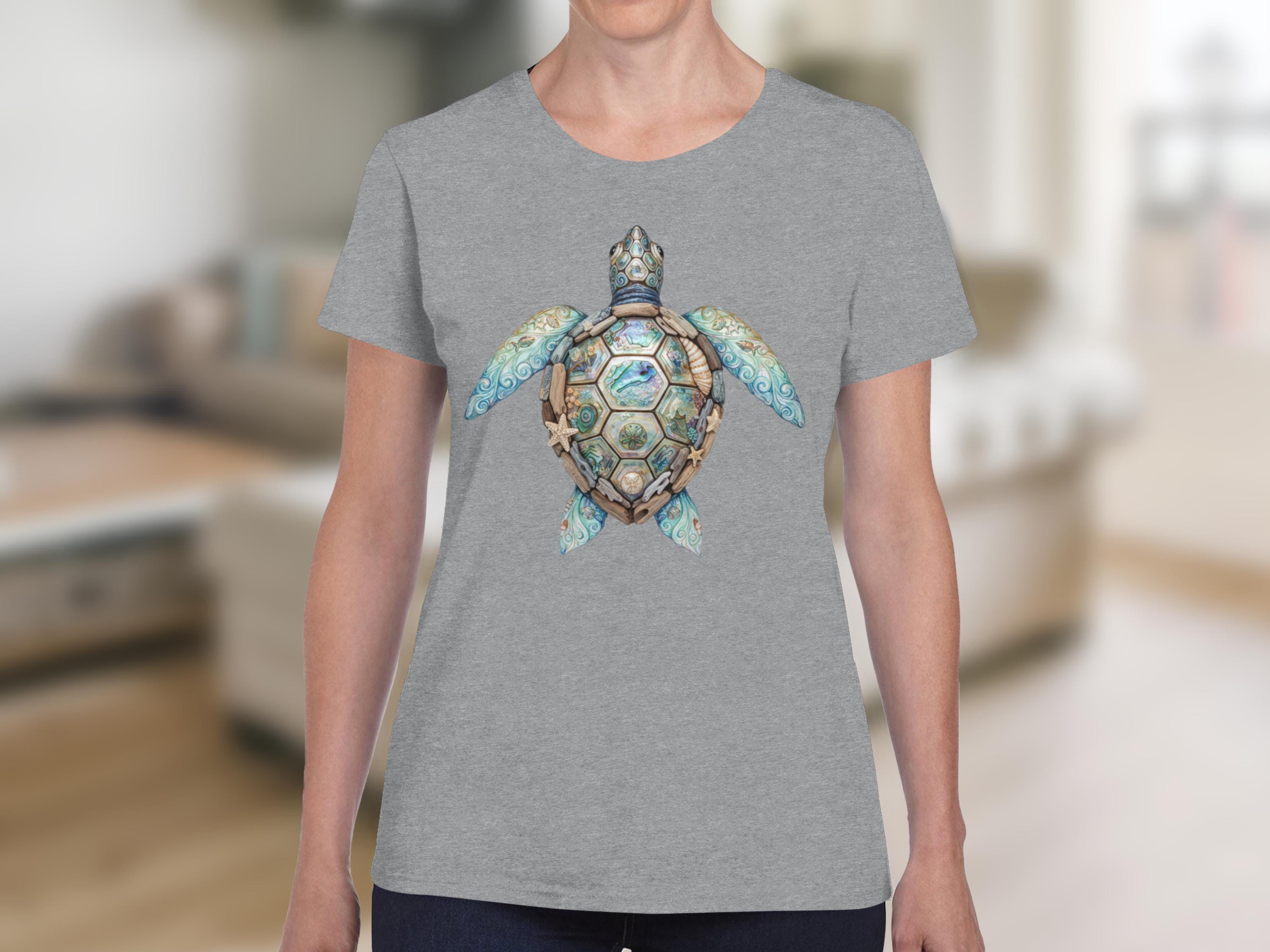 Sea Turtle T-Shirt | Boho Abalone Shell Driftwood Design Marine Life Tee